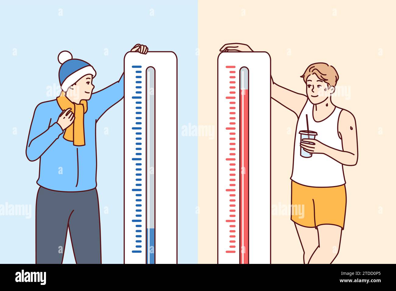 L'homme se tient près des thermomètres montrant différentes températures et ressent la chaleur ou le froid dans différents pays. Thermomètres géants près de Happy Guys pour magazine avec prévisions météorologiques Illustration de Vecteur