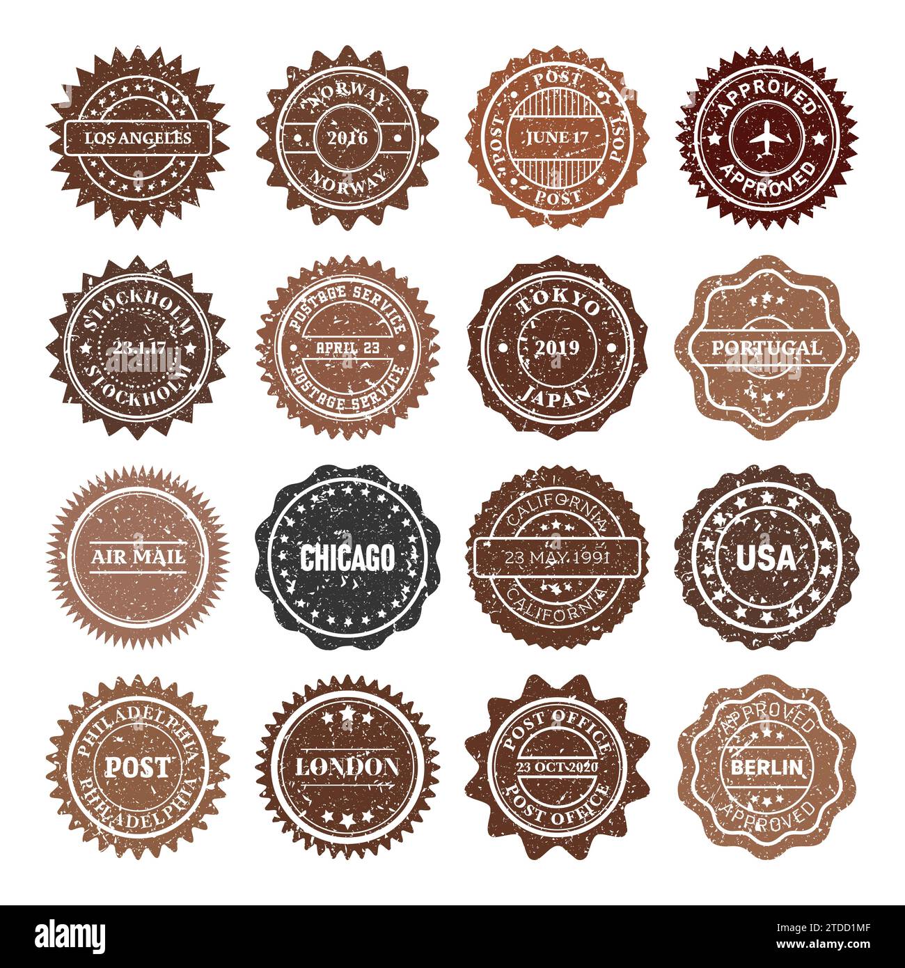 Postez des timbres, des étiquettes et des badges. Empreintes grunge et cachets postaux. Filigranes de carte postale de cercle vintage marron. Utilisé des éléments de conception d'enveloppe. Vecteur Illustration de Vecteur