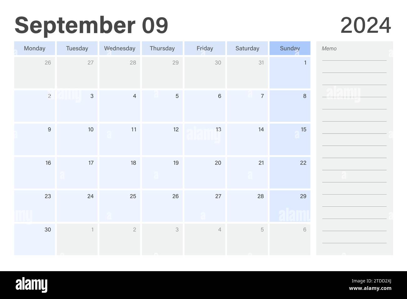 Les semaines du calendrier de planeur de bureau du 2024 septembre commencent le lundi dans le thème bleu clair et gris avec un espace de note de mémo de ligne vide, conception vectorielle Illustration de Vecteur