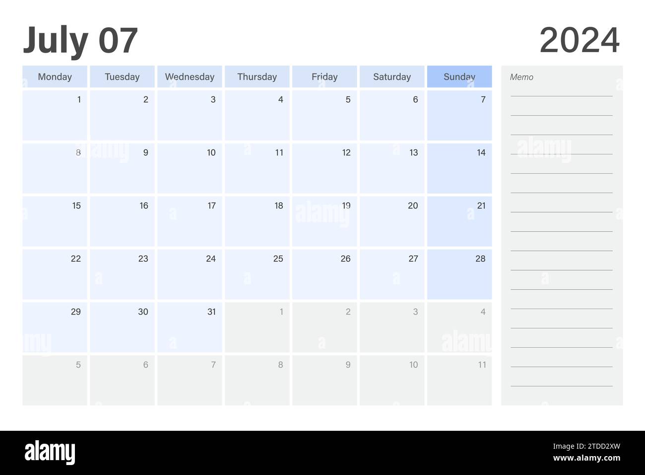 Les semaines du calendrier de planeur de bureau du 2024 juillet commencent le lundi dans un thème bleu clair et gris avec un espace de note mémo de ligne vide, un design vectoriel Illustration de Vecteur