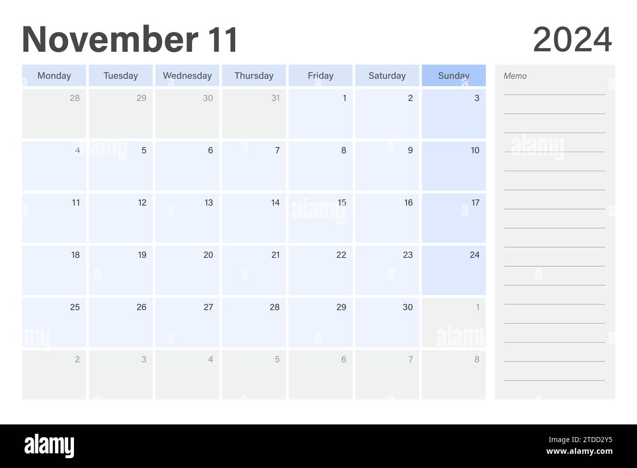 2024 novembre les semaines du calendrier de rabotage de bureau commencent le lundi dans le thème bleu clair et gris avec un espace de note de mémo de ligne vide, conception vectorielle Illustration de Vecteur