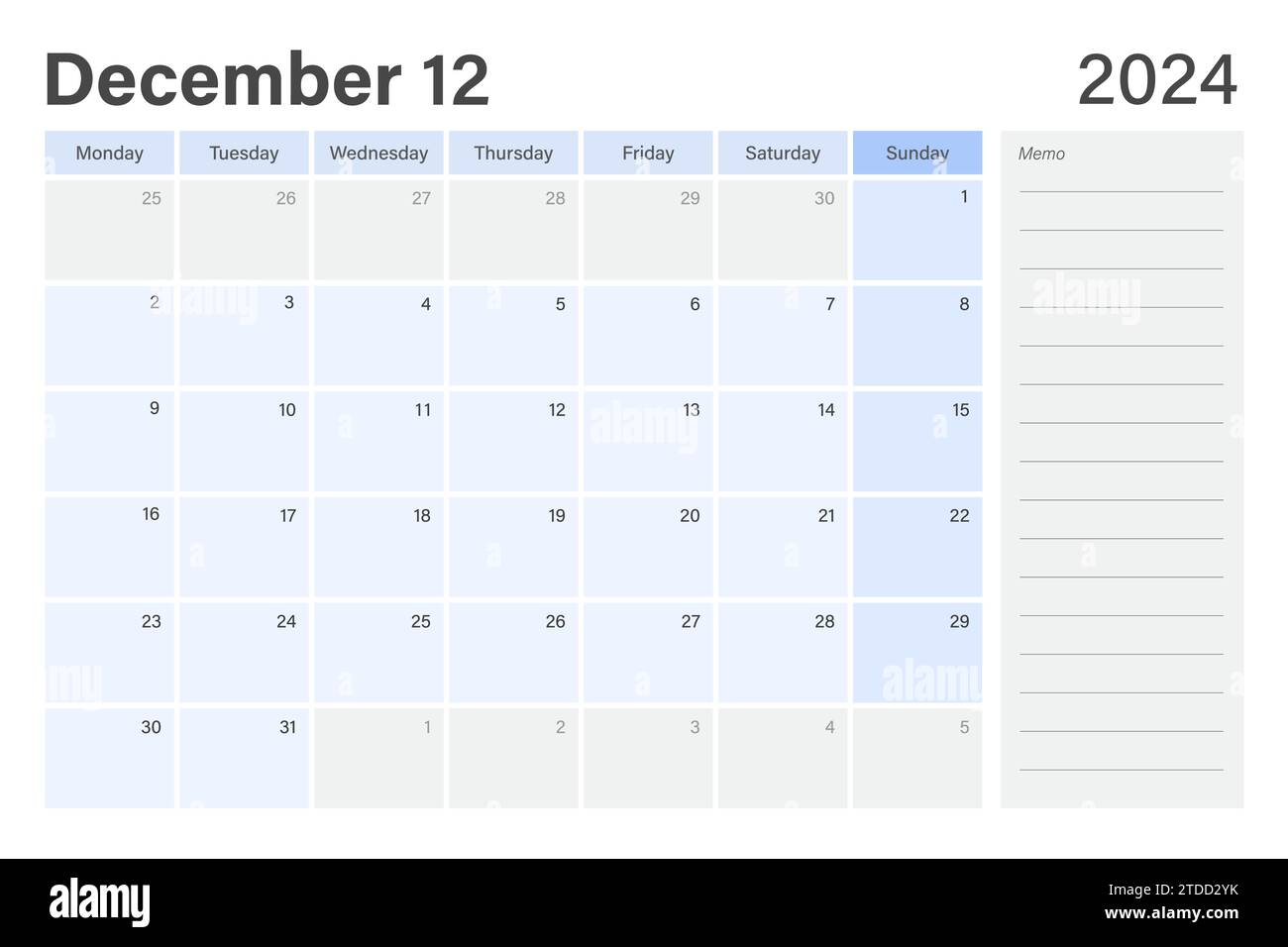 Les semaines calendaires de la raboteuse de bureau du 2024 décembre commencent le lundi dans un thème bleu clair et gris avec un espace de note mémo de ligne vide, un design vectoriel Illustration de Vecteur