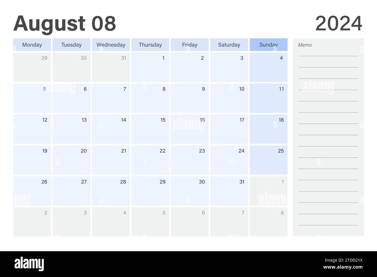 Les semaines du calendrier du rabot de bureau du 2024 août commencent le lundi dans un thème bleu clair et gris avec un espace de note mémo de ligne vide, un design vectoriel Illustration de Vecteur