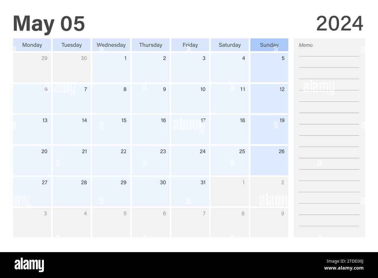 2024 mai les semaines du calendrier de rabotage de bureau commencent le lundi dans le thème bleu clair et gris avec un espace de note de mémo de ligne vide, conception vectorielle Illustration de Vecteur