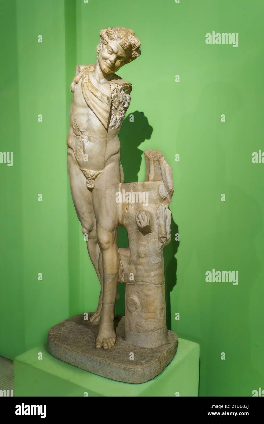 Statue d'un Satyre avec une Panthère du soi-disant temple de Minerva Medica. Marbre insulaire grec - la figure est pointe des pieds et danse. Le Satyre est clairement identifiable grâce à plusieurs détails, tels que ses oreilles pointues et ses traits sauvages. Il était à l'origine flanqué d'une panthère, dont les jambes sont encore attachées au tronc qui sert de base à la sculpture - Museo Centrale Montemartini, Rome, Italie - Museo Centrale Montemartini, Rome, Italie Banque D'Images