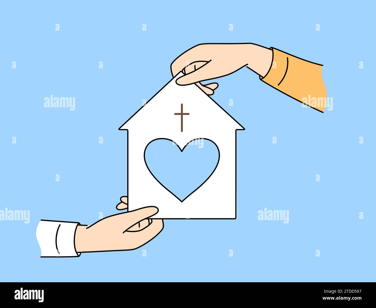 Modèle d'église chrétienne avec le cœur dans la main des hommes pour la publicité de fondation caritative catholique fournissant de l'aide aux personnes dans le besoin. Concept d'aide bénévole aux églises chrétiennes Illustration de Vecteur