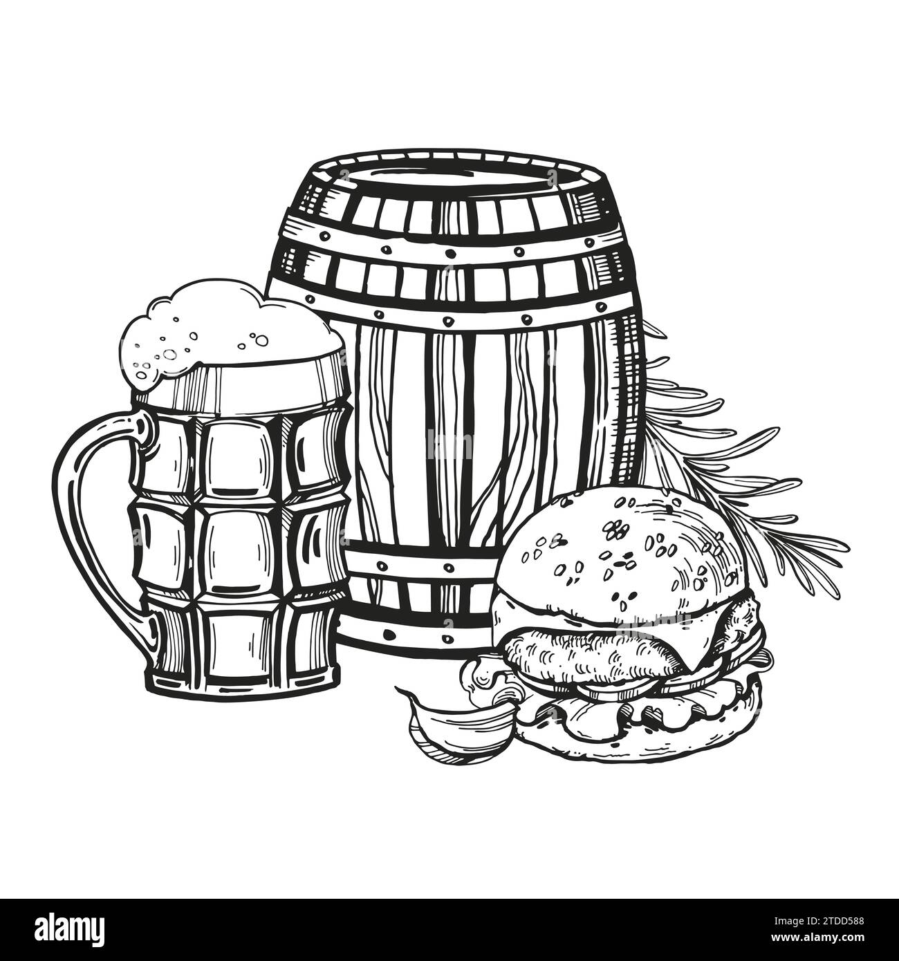 Dessin vectoriel dessiné à la main de tonneau en bois pour la bière, verre à bière, hamburger, ail et romarin, illustration en noir et blanc du thème de la bière, illustr encré Illustration de Vecteur