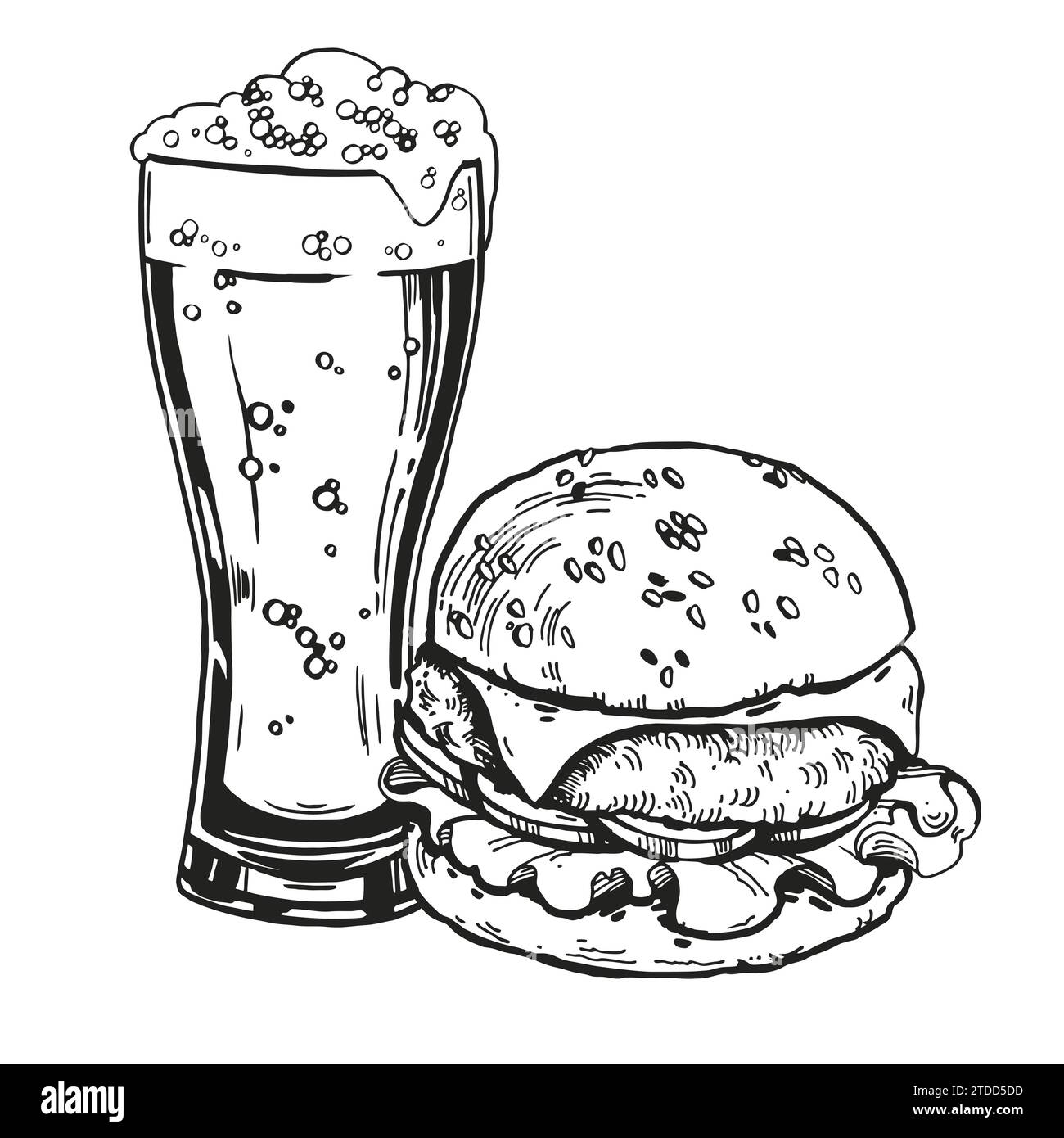 croquis de verre de bière avec hamburger, illustration vectorielle dessinée à la main de boisson et de restauration rapide, tasse de bière et hamburger, graphique doodle, co noir et blanc Illustration de Vecteur