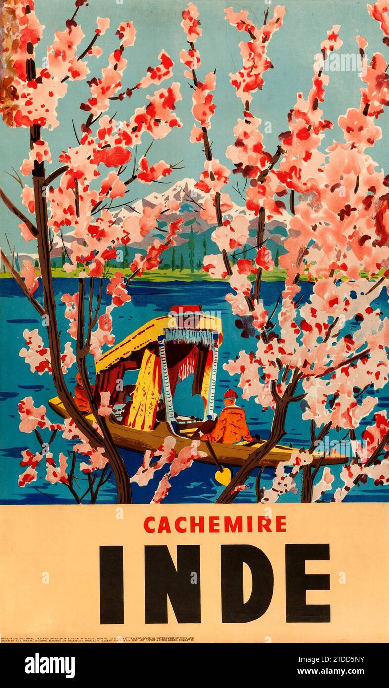 Cachemire - Cachemire, Inde (Division du tourisme Ministère indien des Transports, fin des années 1920). Affiche de voyage indienne de langue française Banque D'Images