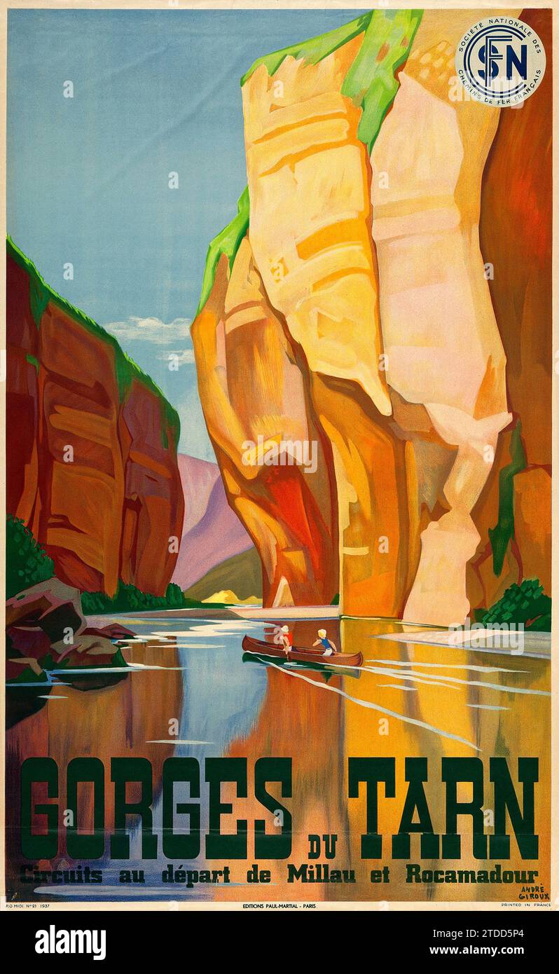 Gorges du Tarne (chemins de fer de Paris à Orléans et du midi, 1937). Affiche de voyage française Banque D'Images