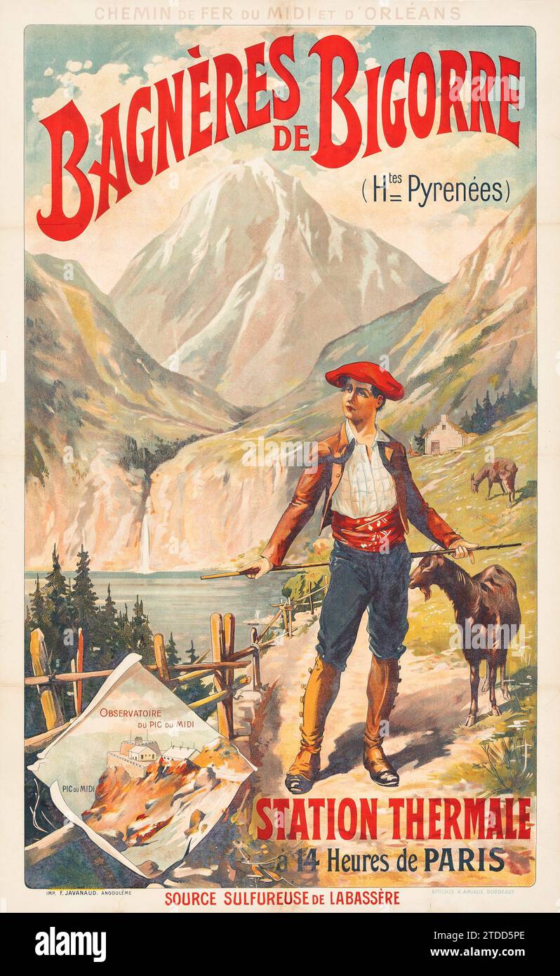 Bagnères-de-Bigorre (chemin de fer du midi et d'Orléans, vers les années 1900) affiche de voyage française Banque D'Images