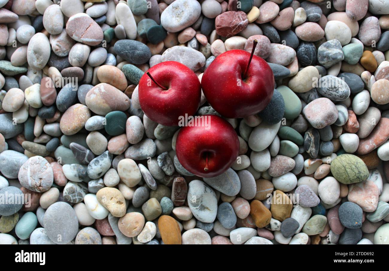 Motif de pierres de mer et trois fruits de pomme entiers sur elle stock photo Banque D'Images