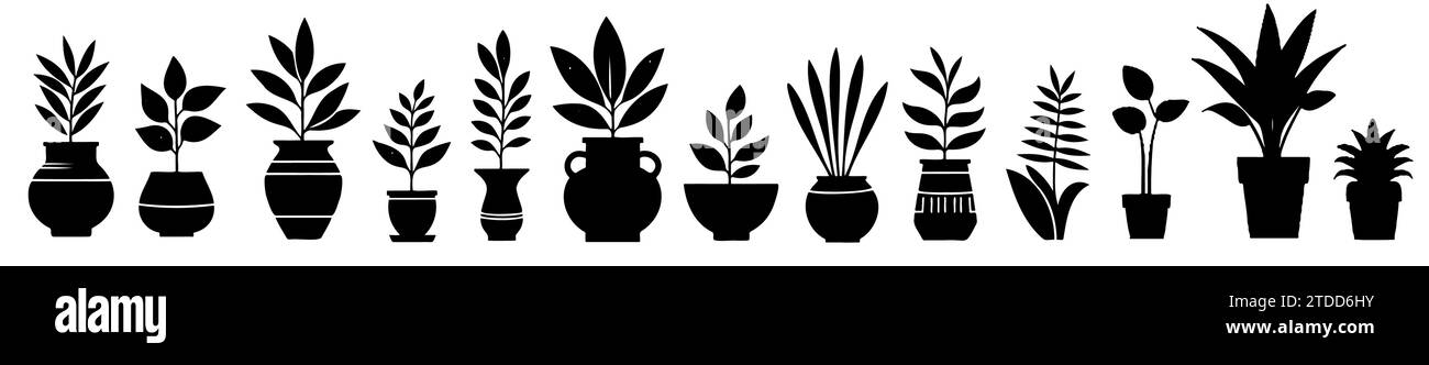 Plantes d'intérieur. Vector Set silhouettes plantes d'intérieur, succulentes en pot. Fleurs exotiques d'intérieur avec tiges et feuilles. Monstera, ficus, pothos, yucca, dracaena, cactus, plante de serpent pour la maison et l'intérieur Illustration de Vecteur