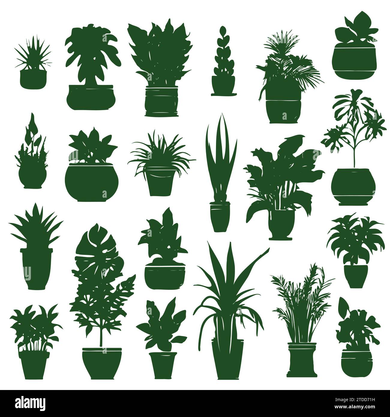 Collection silhouettes plantes d'intérieur. Plantes en pot isolées sur blanc. Ensemble de plantes tropicales vertes. Décoration tendance avec plantes d'intérieur, jardinières Illustration de Vecteur