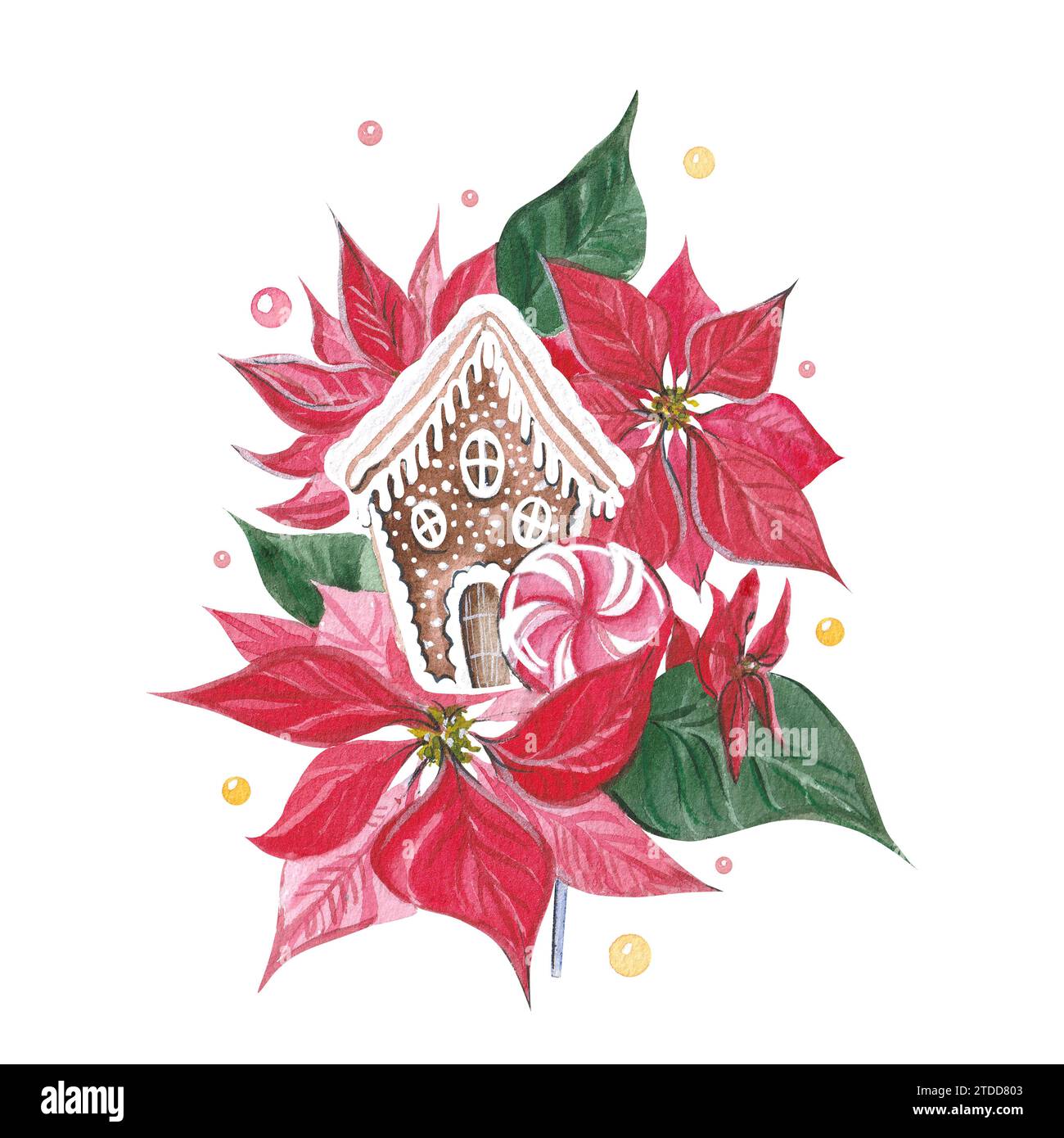 Illustration à l'aquarelle d'une composition du nouvel an avec pain d'épices, canne à sucre et poinsettia. Dessiné à la main pour décorer des cartes, cadres, publicité, Banque D'Images