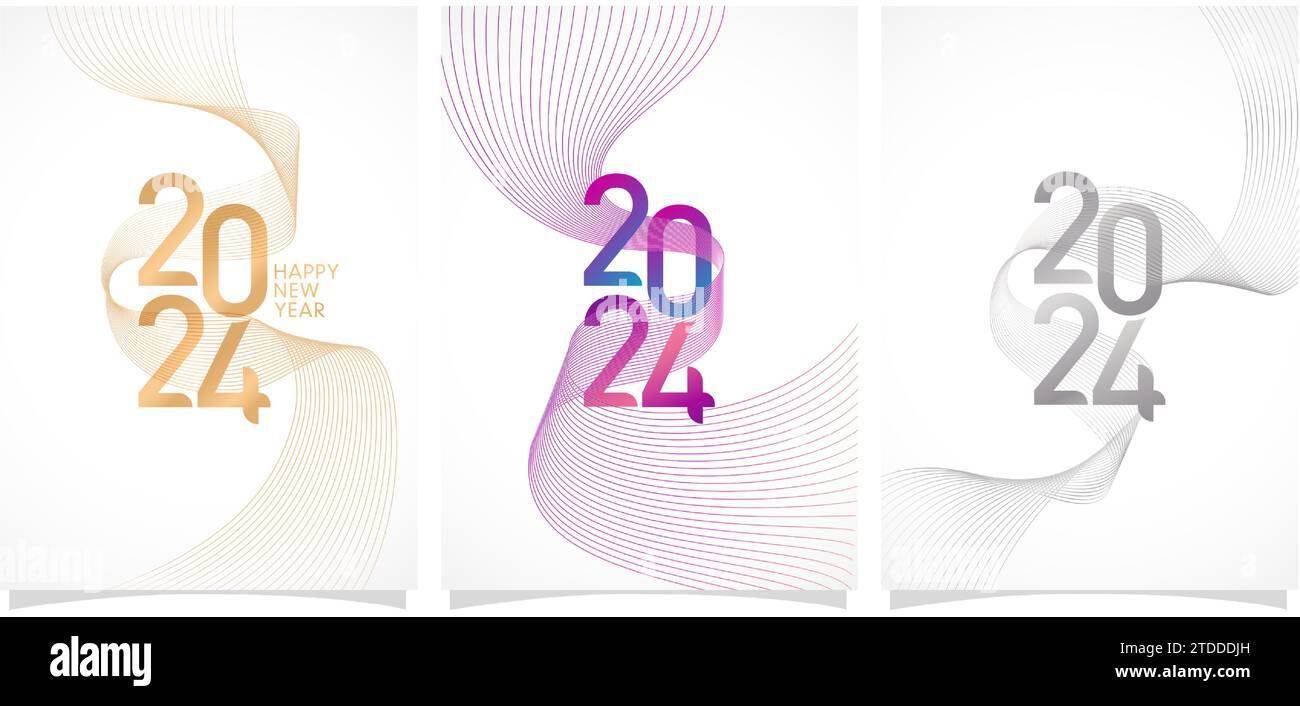 Trois ensembles de fonds abstraits avec des lignes ondulées incurvées et des chiffres 2024 Illustration vectorielle pour le calendrier du nouvel an, la couverture, les en-têtes de médias sociaux Illustration de Vecteur
