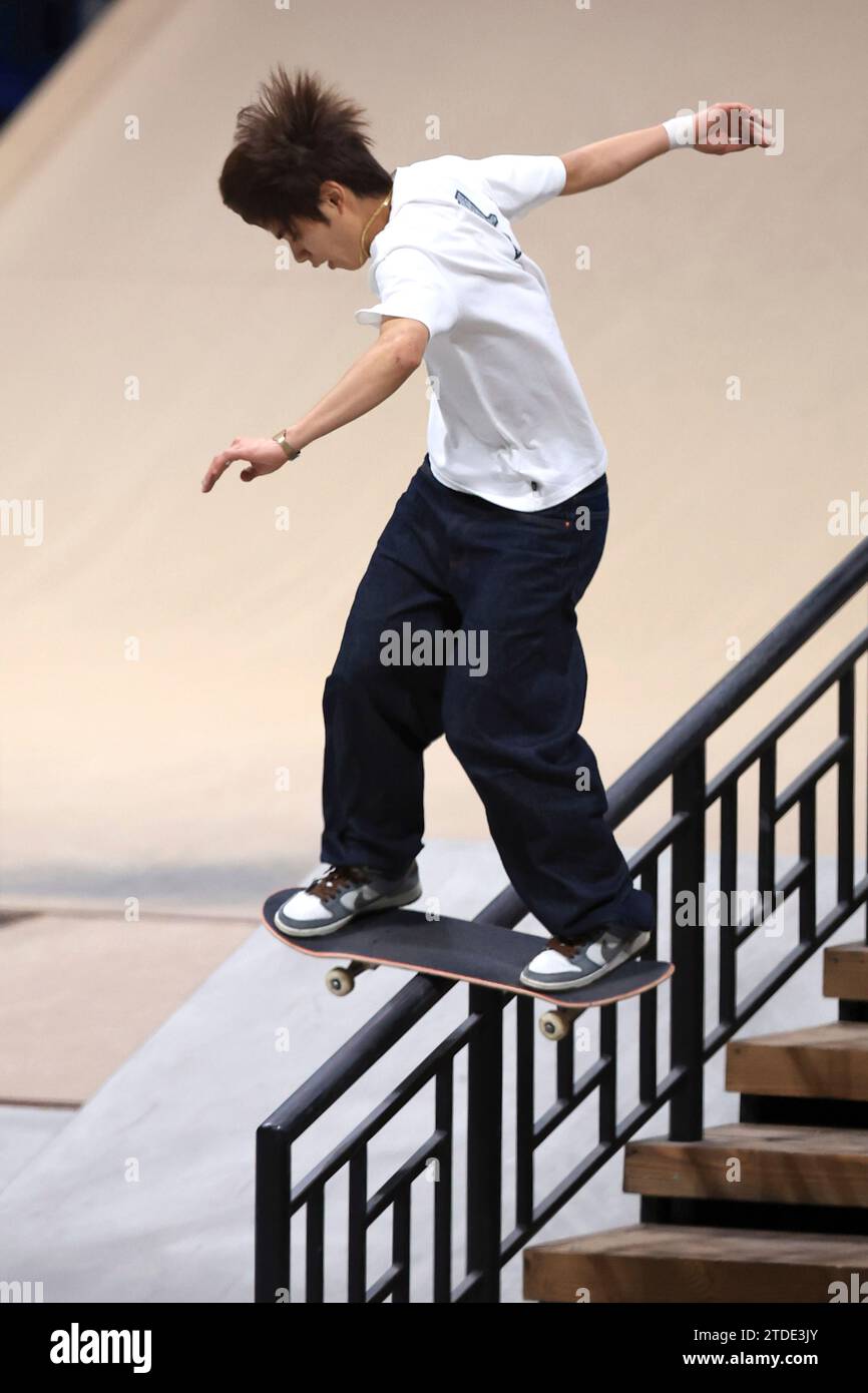 Yuto Horigome of Japan performs during men's final of Skateboard Street World Championship 2023 at Ariake Colosseum in Tokyo on December 17, 2023. Japanese Horigome placed 3rd in the event.( The Yomiuri Shimbun via AP Images ) Banque D'Images