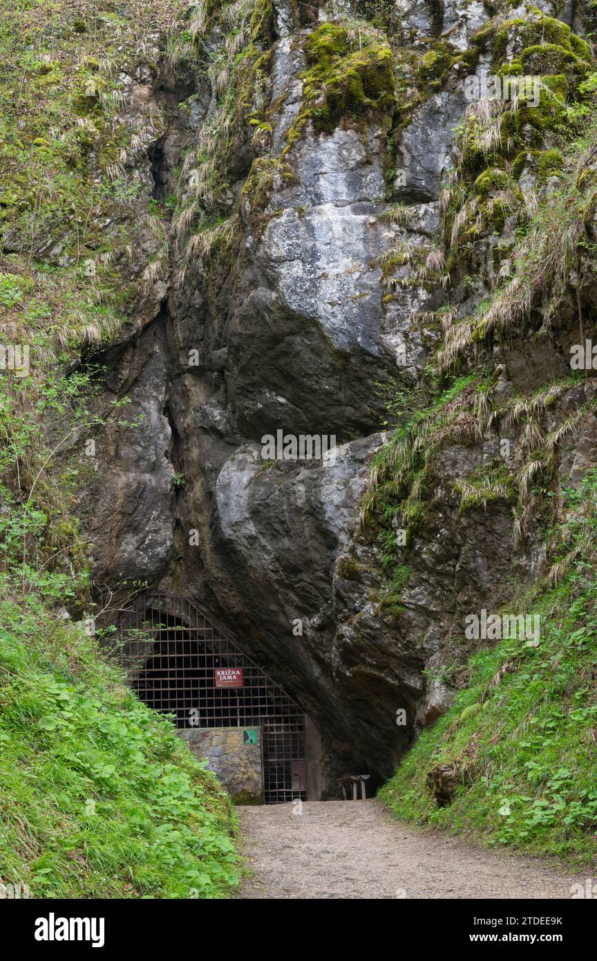 Entrée à Križna Jama, la "Grotte de la Croix" Slovénie. Banque D'Images