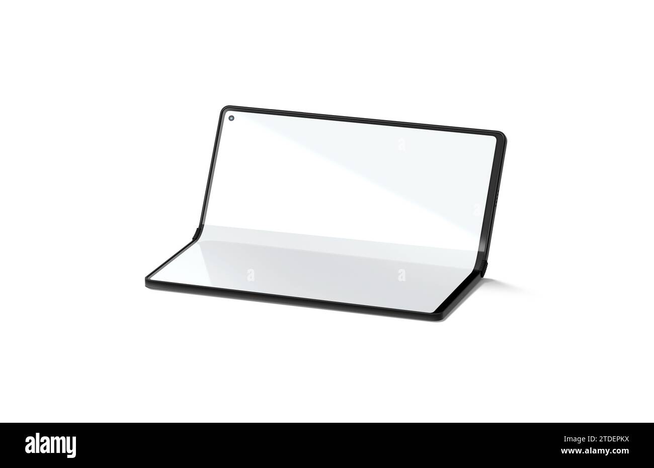 Maquette à moitié ouverte d'affichage de téléphone de livre blanc flexible, isolée, rendu 3D. Maquette d'écran tactile à LED à clapet repliable vide. tr élastique transparent Banque D'Images