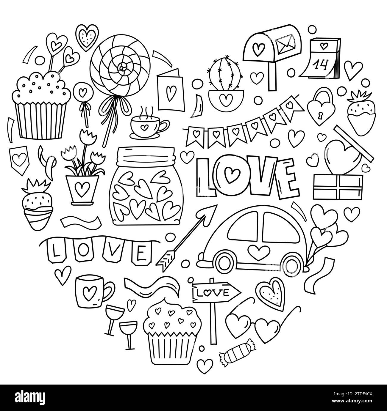 Doodle dessiné à la main dans la forme vectorielle en forme de coeur, est Une page de coloriage de soulagement de stress pour la Saint-Valentin, avec des coeurs, des bonbons et des bonbons pour le 14 février dans Un livre de coloriage mignon Illustration de Vecteur