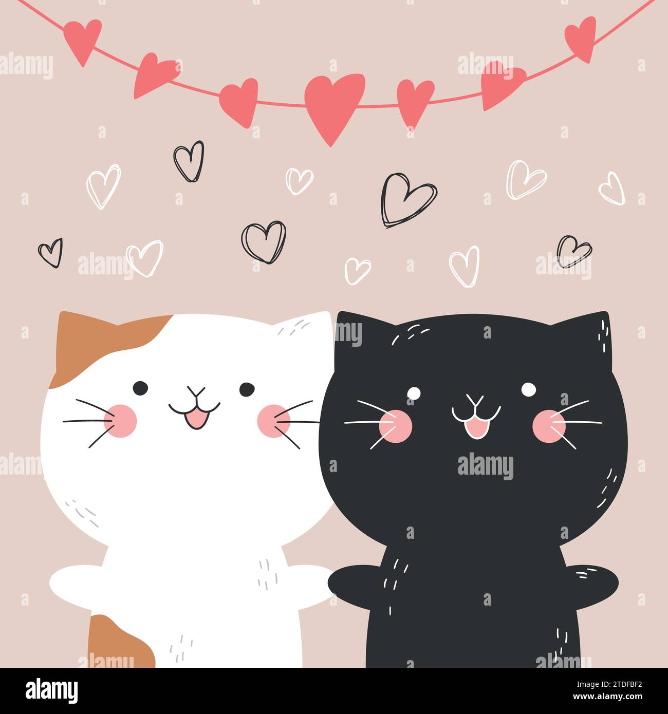 Deux chats mignons tirés à la main se tenant les pattes l'une de l'autre sous la guirlande de coeurs. Saint Valentin. Illustration vectorielle Illustration de Vecteur