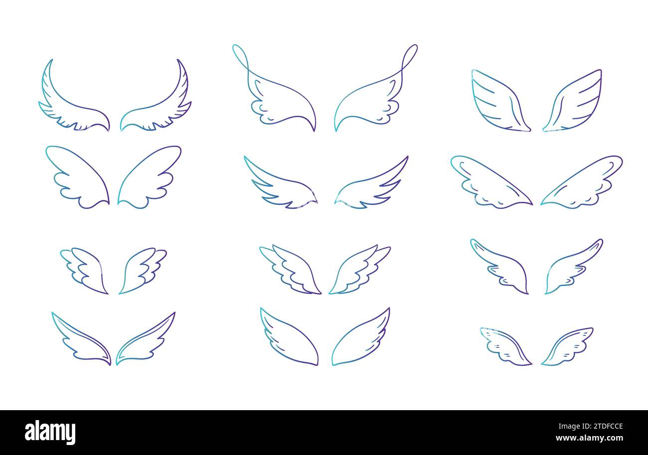 Collection d'ailes tirées à la main dans différentes formes. Collection Doodle Wings en dégradé de couleur néon. Illustration vectorielle Illustration de Vecteur