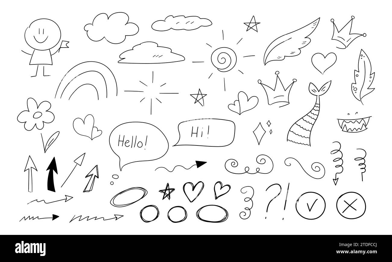 Collection de dessins de doodle dessinés à la main dans un style enfantin. Doodle flèches, nuages, coeurs, étoiles, couronne et formes. Illustration vectorielle Illustration de Vecteur