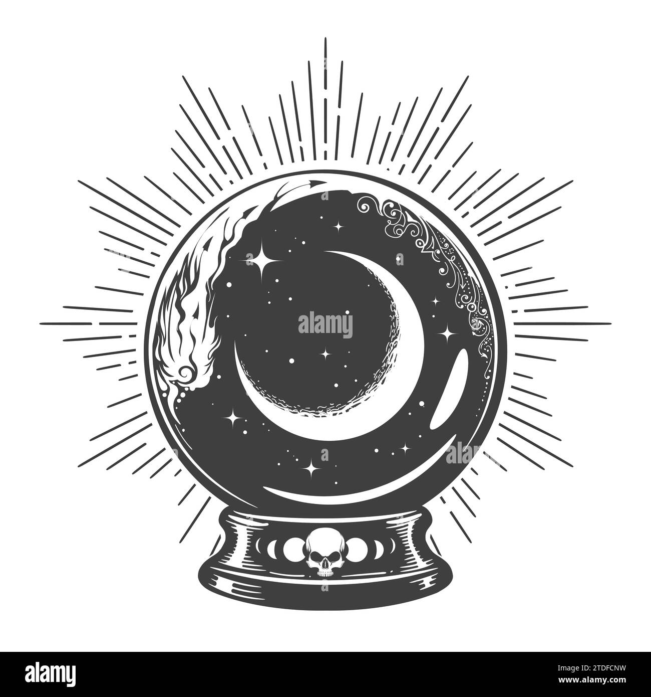 Magicien Crystal ball avec Crescent Moon et Stars à l'intérieur isolé o illustration vectorielle blanche. Aucune IA n'a été utilisée. Illustration de Vecteur