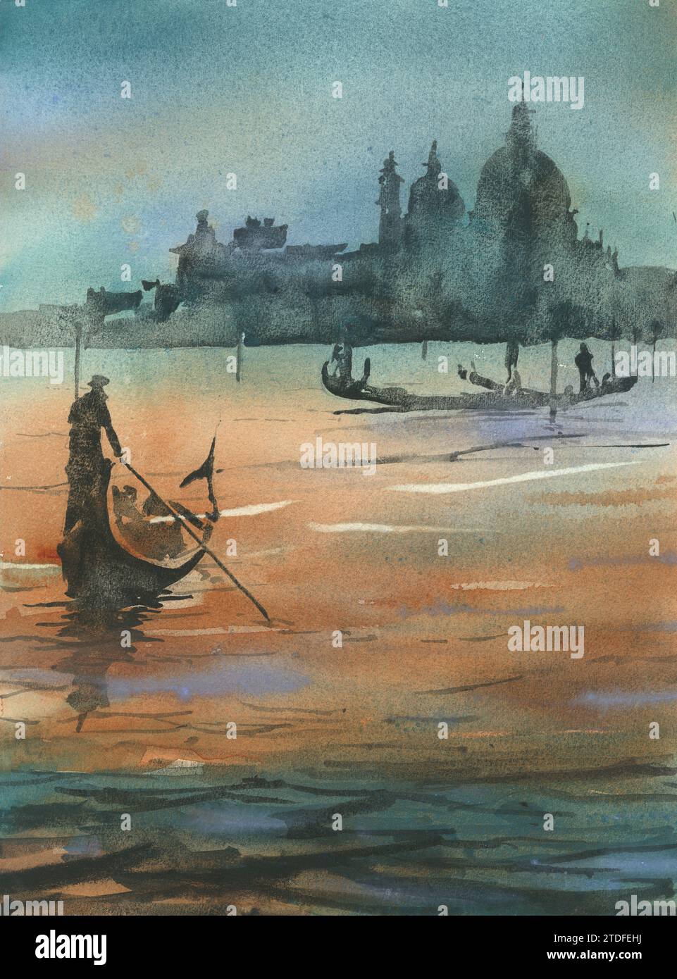 Aquarelle paysage paintng Venise Italie essentiels de voyage, art mural à la mode décoration d'intérieur italienne gondole bateau giclée (imprimé) Banque D'Images