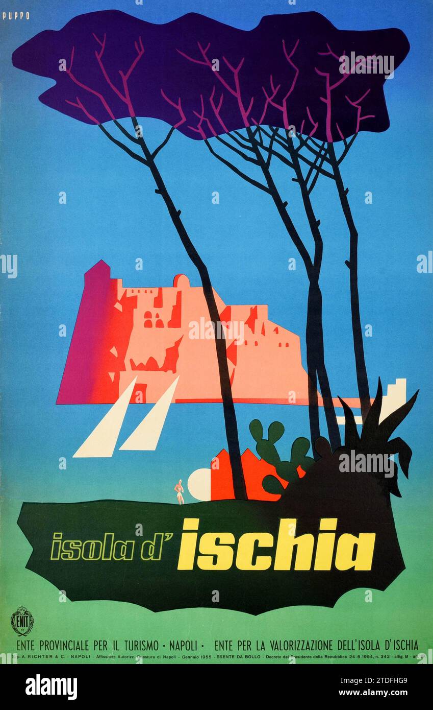Affiche italienne des années 1950 - affiche de voyage Vintage - Isola Ischia Island Italie ENIT Castle Sailing Art - 1955 Banque D'Images