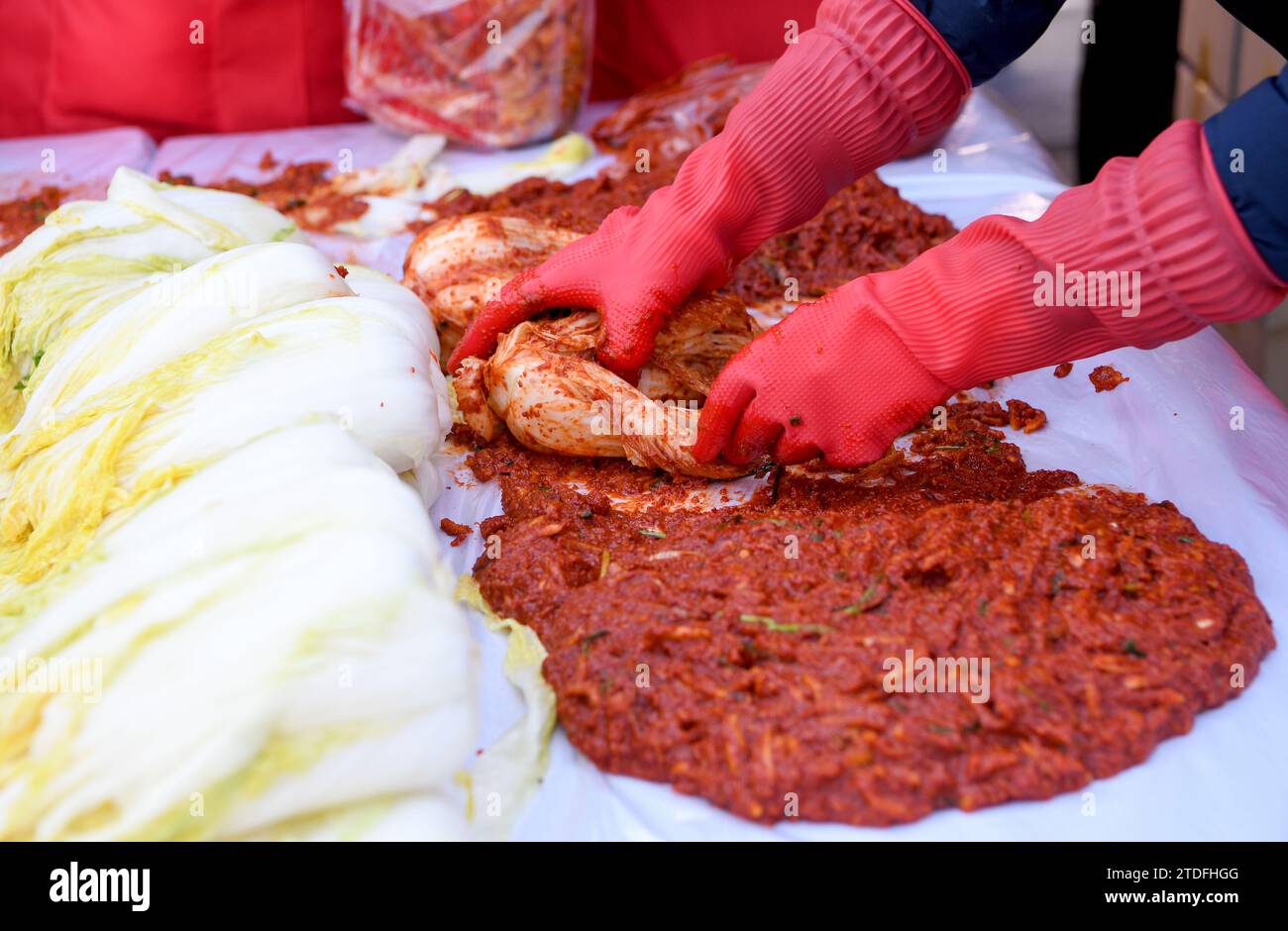 Fin novembre 2021, ils fabriquent du kimchi à Gyeongbuk, en Corée du Sud. (Le kimchi est un vieil aliment traditionnel en Corée.) Banque D'Images