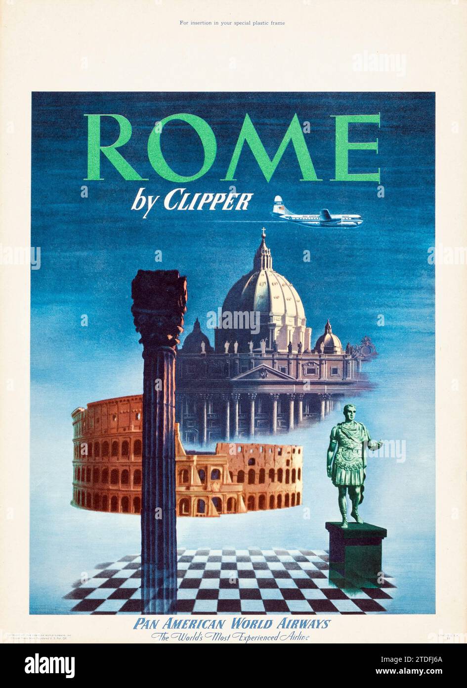 Affiche de voyage Pan Am pour Rome, vers 1950, présentant les monuments de Rome - Rome par Clipper, Pan American World Airways Banque D'Images