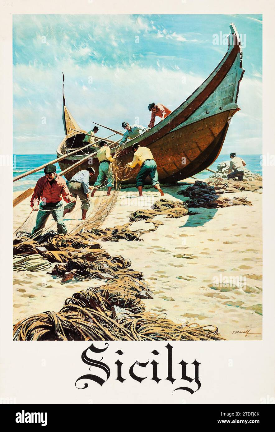 ITALIE - Sicile (c. 1950s). Affiche de voyage italien vintage - pêcheur travaillant sur la plage. Banque D'Images