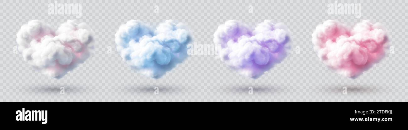 Cloud Heart. Rose et bleu fumée 3d dans le ciel, rêve violet réaliste moelleux, formes d'amour de Saint-Valentin pastel. Paysage nuageux de la saison estivale. Vector Realistic is Illustration de Vecteur