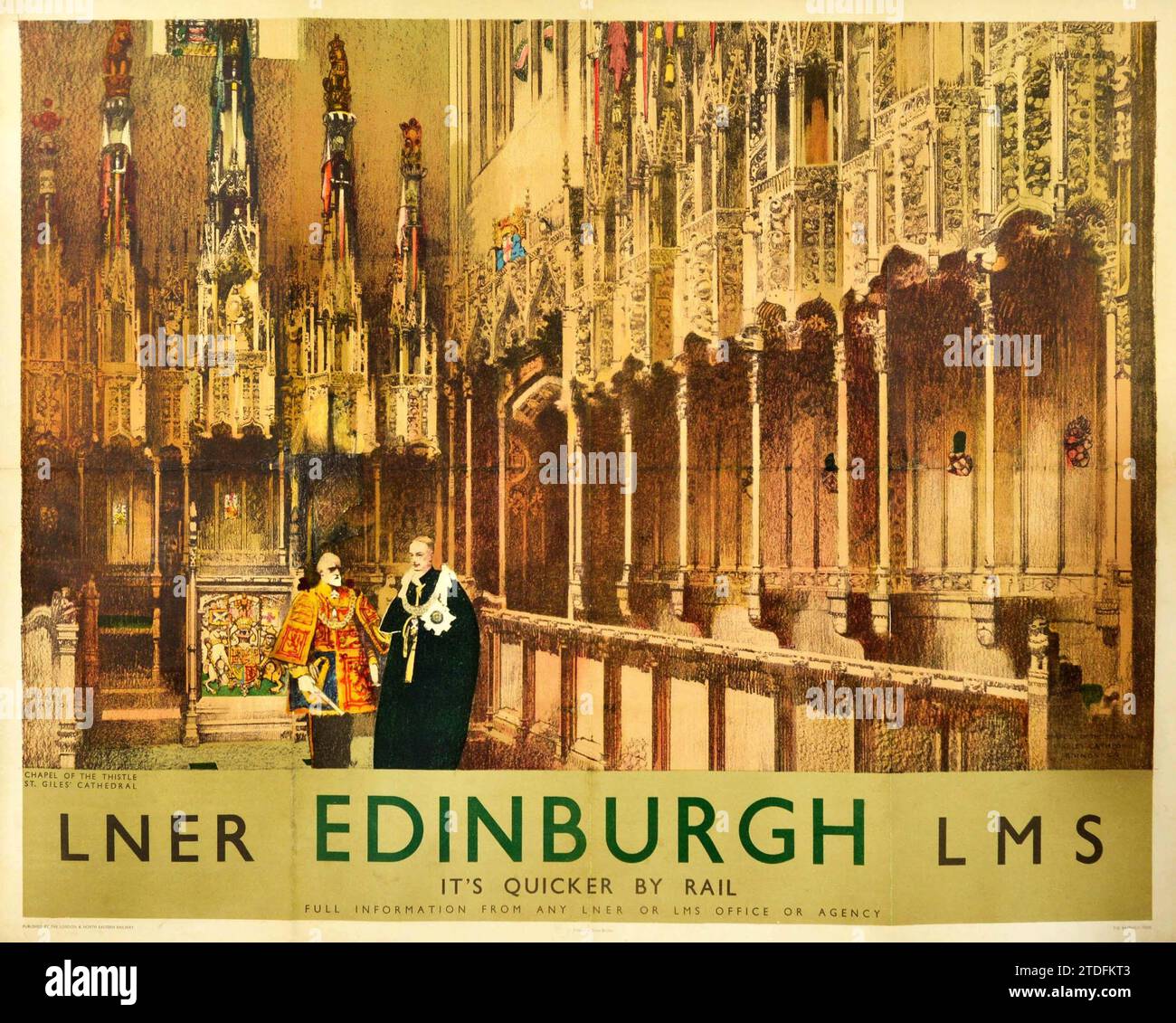 Vintage Railroad Poster - Édimbourg Écosse LNER LMS Cathedral Chapel, il est plus rapide par le train - années 1930 Banque D'Images
