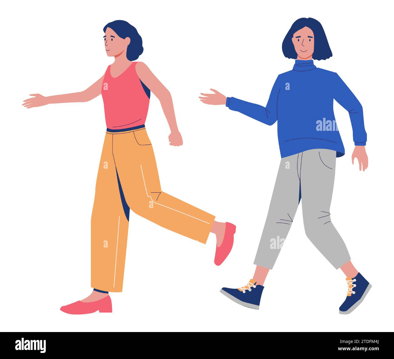 Femmes créatives. Filles heureuses marchant. Tenue estivale décontractée. Personnes souriantes en chandail ou T-shirt. Pantalon en Jean tendance. Geste agitant de la main. Vêtement Illustration de Vecteur