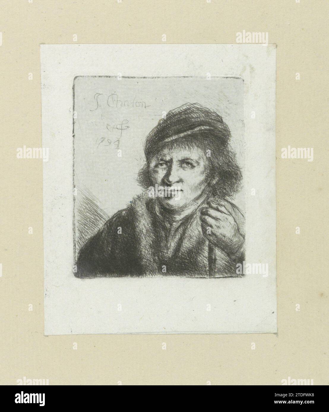 Homme adulte avec chapeau et bâton, Jan Chalon, 1802 un homme adulte avec chapeau. Un manteau sur son épaule droite. Un bâton dans sa main gauche. L'impression fait partie d'un album. London papier gravure / Drypoint un homme adulte avec chapeau. Un manteau sur son épaule droite. Un bâton dans sa main gauche. L'impression fait partie d'un album. Gravure sur papier London / Drypoint Banque D'Images
