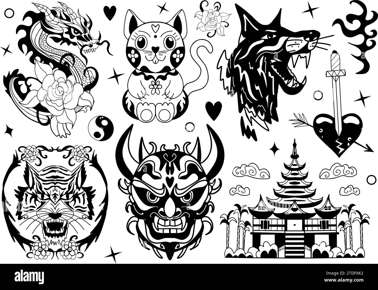 Set de tatouage japonais avec démon Hannya Mask, chat Maneki Neko, dragon chinois avec des fleurs. Ensemble d'art pour tatouages ou impression sur un T-shirt. Masque ONI Illustration de Vecteur