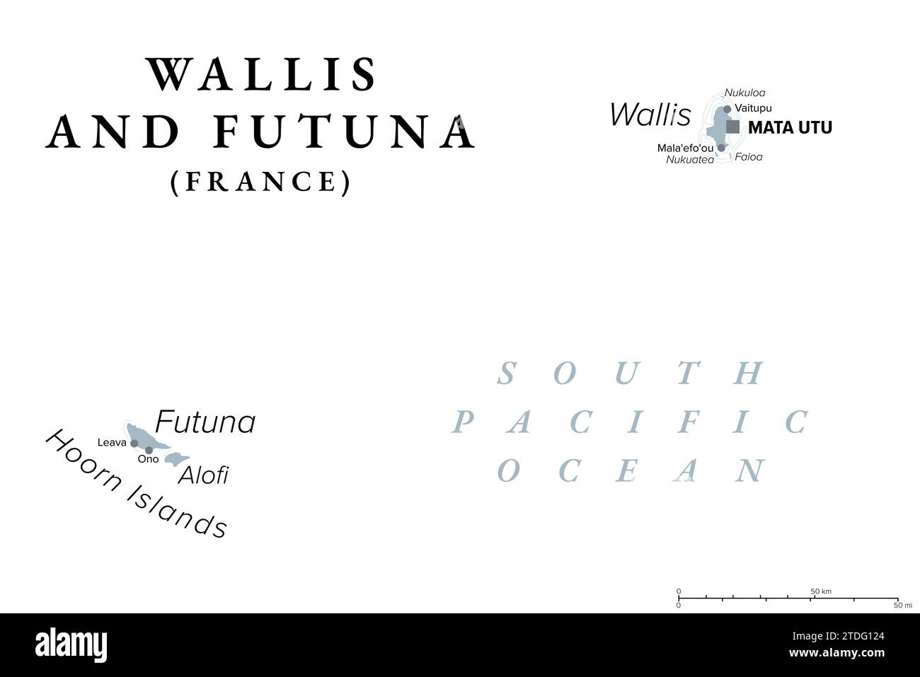 Wallis et Futuna, carte politique grise. Collectivité insulaire de France dans le Pacifique Sud avec capitale Mata Utu. Banque D'Images