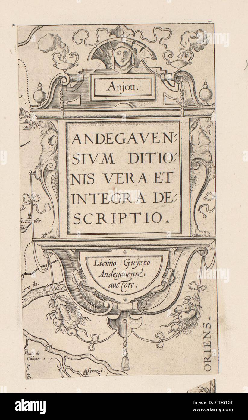 Cartouche avec deux Hermen, 1579 cartouche carrée flanquée de deux Hermen. Au milieu d'un mascaron et de deux tonneaux d'encens. Sous deux bouquets de fruits. La cartouche est un fragment d'une carte de la province française d'Anjou. L'impression fait partie d'un album. Anvers gravure sur papier cartouche carré flanqué de deux Hermen. Au milieu d'un mascaron et de deux tonneaux d'encens. Sous deux bouquets de fruits. La cartouche est un fragment d'une carte de la province française d'Anjou. L'impression fait partie d'un album. Gravure sur papier Anvers Banque D'Images