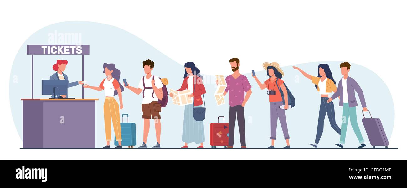 File de personnes debout à la billetterie pour acheter des billets. Touristes en file d'attente. Hommes et femmes avec plans de la ville et bagages debout et réception. Dessin animé plat Illustration de Vecteur