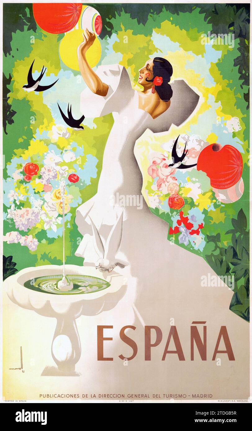 'Espana' (Département du tourisme espagnol, Madrid, 1941) avec une femme espagnole habillée en blanc - Jose Morell (1899-1949) Banque D'Images