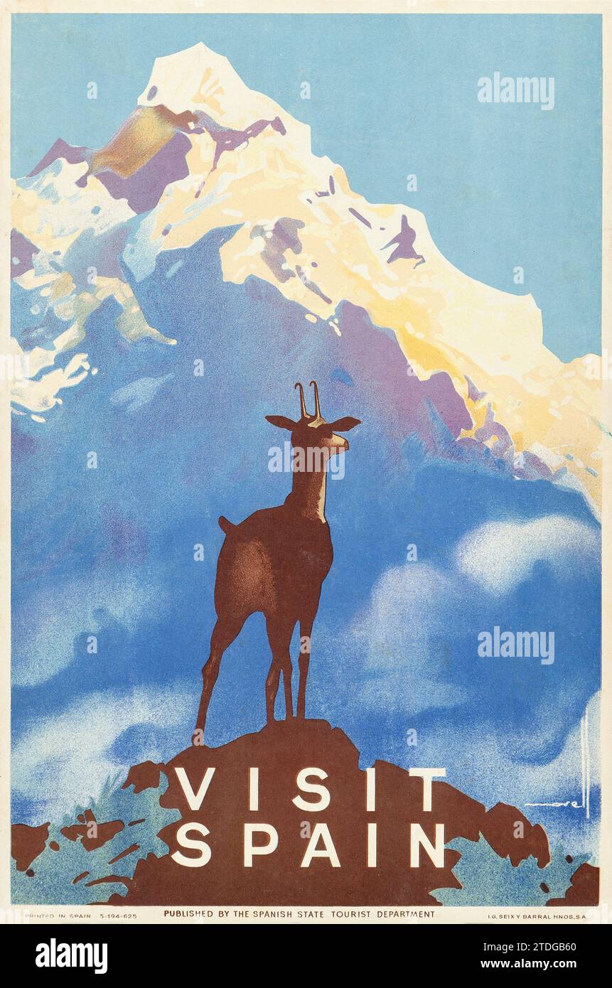 VISITER L'ESPAGNE - Espagne annonces touristiques (années 1930) Département du tourisme de l'État espagnol - Jose Morell art - chèvre au sommet de la montagne Banque D'Images