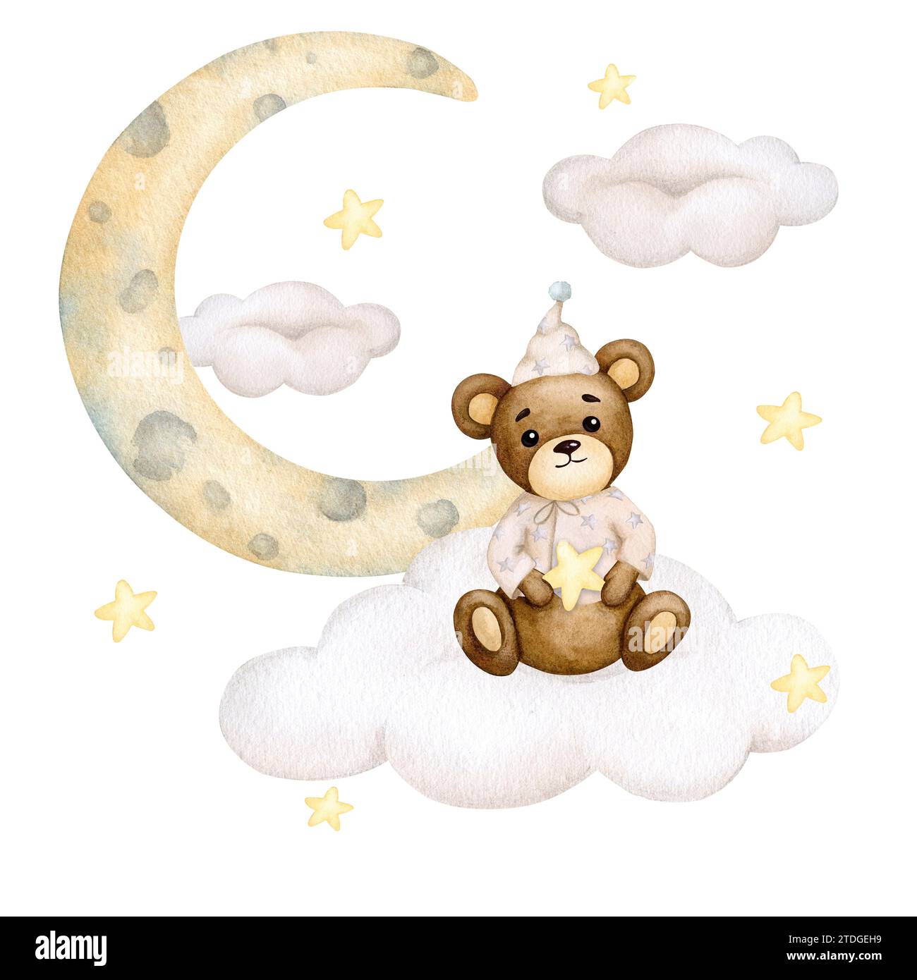 Bébé ours assis sur un nuage sur le fond de la lune et du ciel étoilé. Garçon. Aquarelle. Anniversaire, baby shower, fête des enfants. Design pour invita Banque D'Images