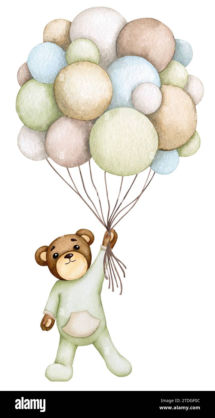 Bébé ours volant sur un tas de ballons d'hélium. Aquarelle dessinée à la main. Anniversaire, baby shower, fête des enfants. Conception pour invitations, cartes de vœux Banque D'Images