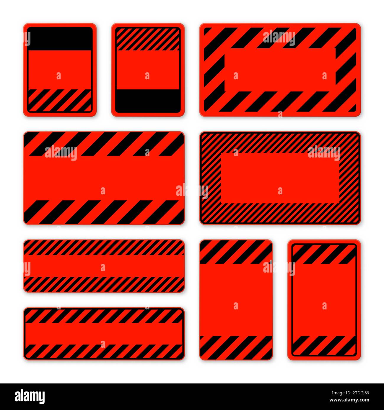 Divers panneaux d'avertissement rouges vierges avec lignes diagonales. Panneau attention, danger ou attention, signalisation du chantier. Panneau de signalisation réaliste, avertissement Illustration de Vecteur
