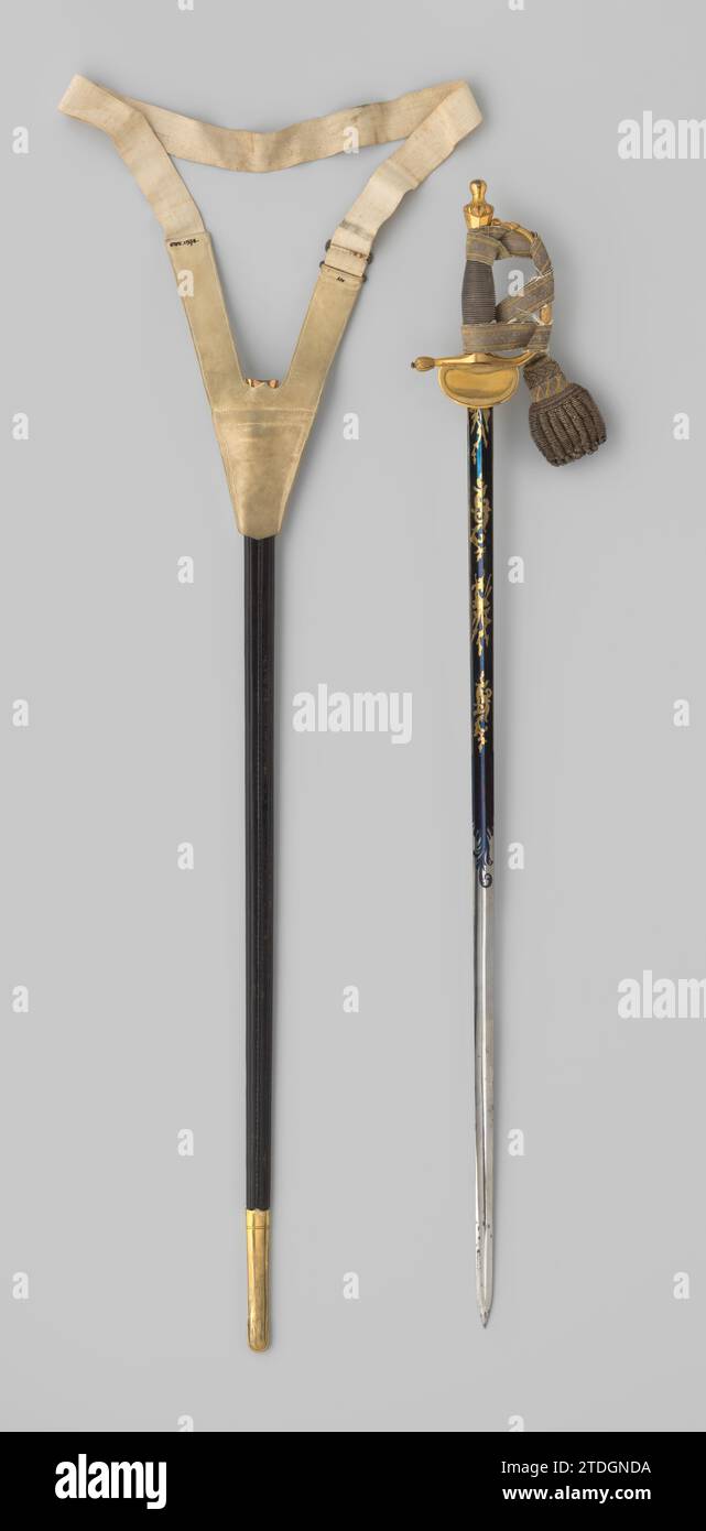 Officiersdegen, Peter Knecht, c. 1825 - c. 1850 Officiersdegen d'acier et de laiton doré ; la moitié supérieure de la lame est soufflée et incrustée de quatre trophées d'or et de feuilles de vignes. Acier Solingen (alliage). laiton (alliage). dorure (matériau). Or (métal) doré Officiersdegen d'acier et laiton doré ; la moitié supérieure de la lame est soufflée et incrustée de quatre trophées d'or et de vignes de feuilles. Acier Solingen (alliage). laiton (alliage). dorure (matériau). dorure dorée (métal) Banque D'Images