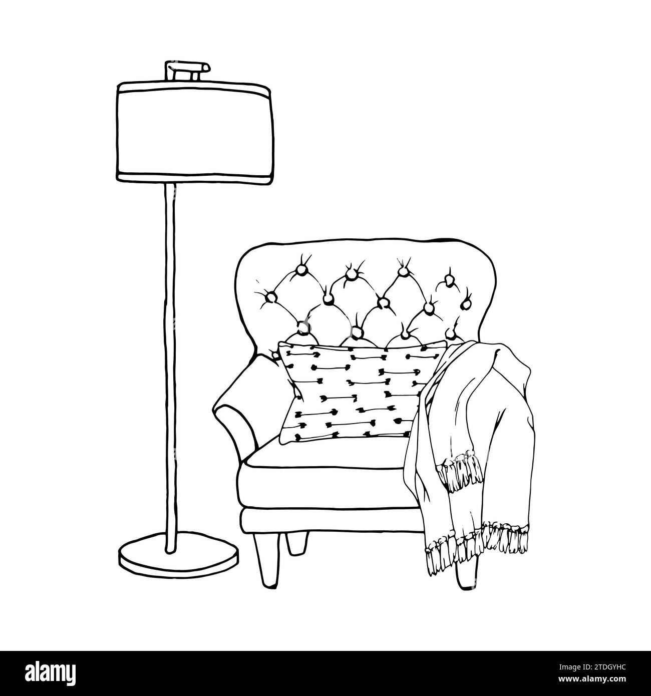 Fauteuil, lampadaires illustrés et veilleuses. Silhouette linéaire contour noir. Oreiller doux et plaid en laine. Vector simple graphique plat Illustration de Vecteur