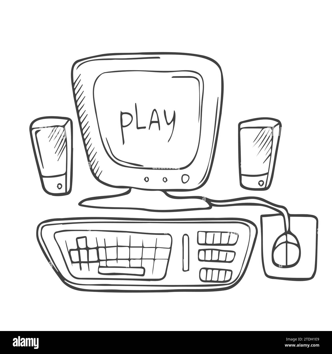 Doodle style Sketch Bureau, moniteur d'ordinateur, clavier et souris. Vecteur isolé Illustration de Vecteur