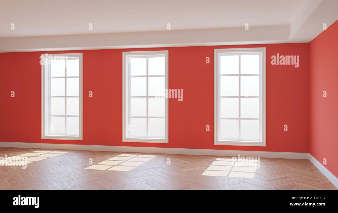 Intérieur rouge clair avec trois grandes fenêtres, parquet à chevrons brillant clair et plinthe blanche. Beau concept de la chambre vide. Rendu 3D, Ultra HD 8k, 7680x4320, 300 dpi Banque D'Images